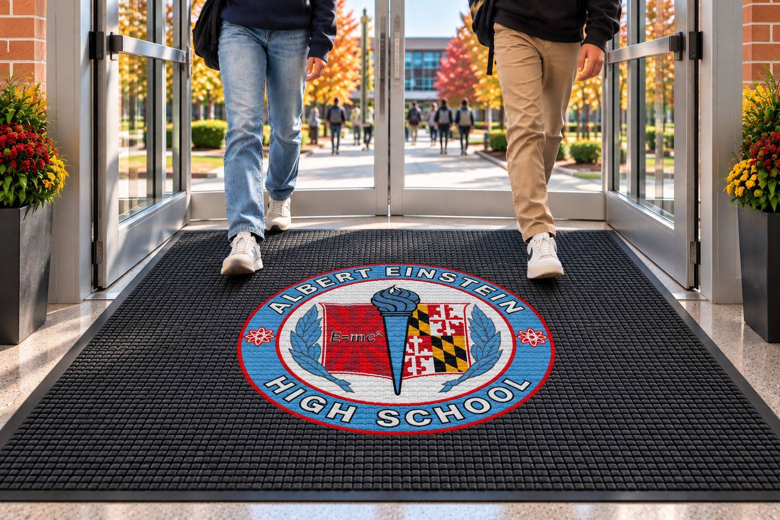 Custom logo entrance mat at a school doorway